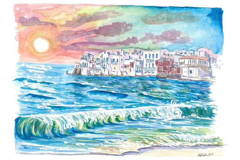 Incroyable coucher de soleil sur Mykonos avec la Petite Venise et les vagues de la plage par Markus Bleichner
