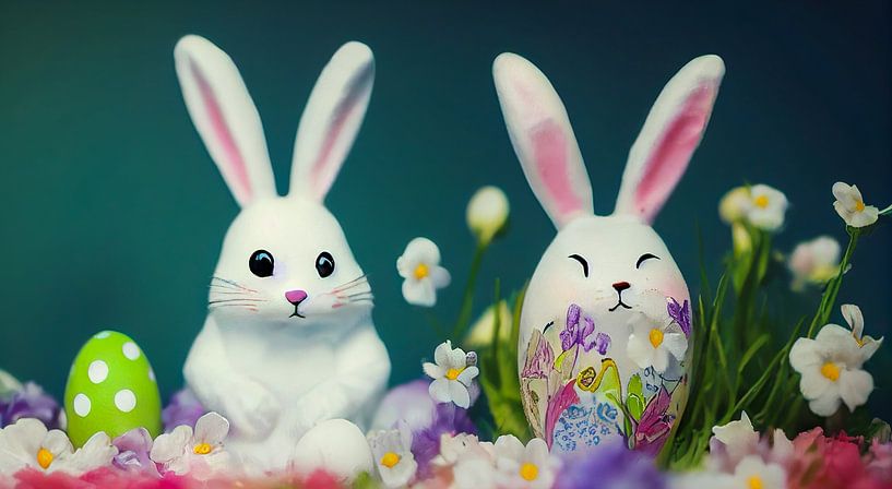 Cute White Easter Bunny with Easter Eggs Illustration 03 by Animaflora PicsStock