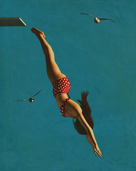 Retro Style Painting of a Girl Diving Into the Sea by Jan Keteleer