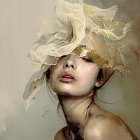 Female portrait with veil of fog and thunderstorm - watercolour