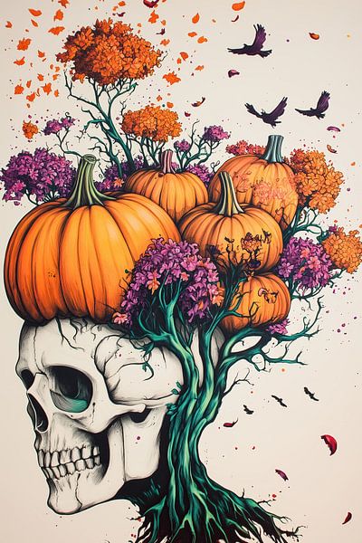 Art moderne d'Halloween avec crâne et citrouilles par Mel Digital Art