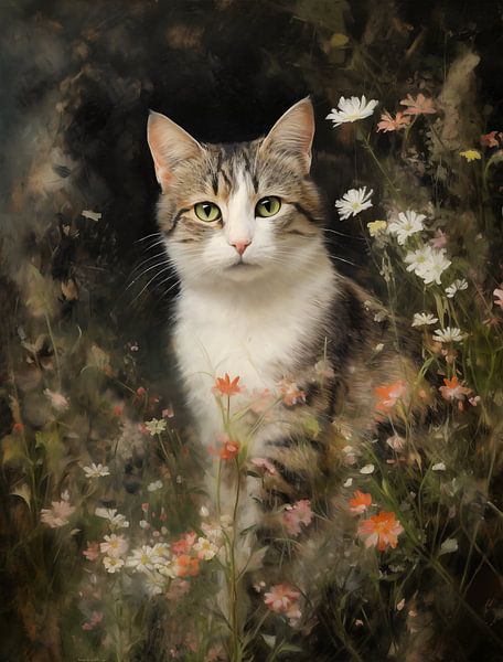 Gestreifte Katze zwischen wilden Blumen von Emil Husstege