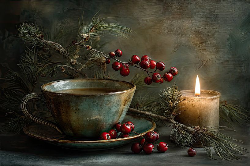 Teetasse mit Beeren und Kerzenlicht – Warmes Stillleben von Joriali Fotografie und Gemälde