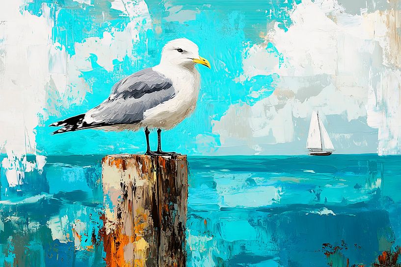Mouette au port avec voilier par Poster Art Shop