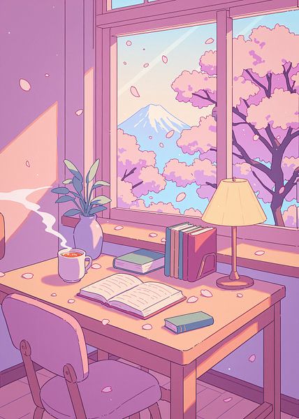 Anime Lofi Japan Cherry Blossom Sakura Mount Fuji by Ruzerin