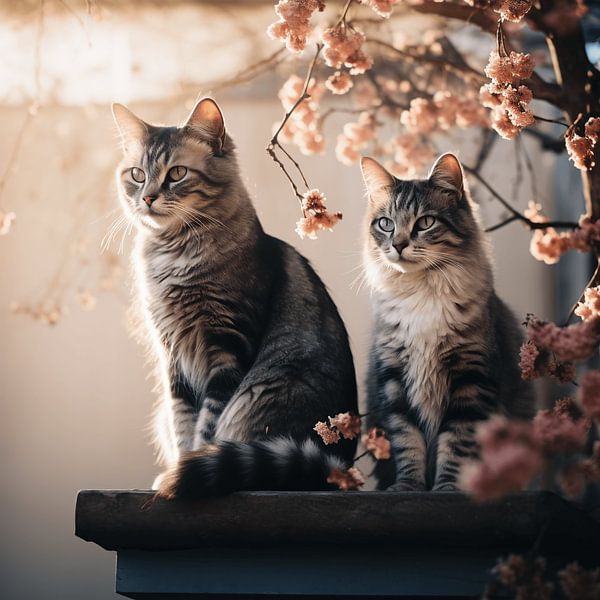 Chilling out under the blossom - two cats sitting comfortably on the table by Karina Brouwer