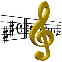 Gelber Violinschlüssel und Musikzeichen