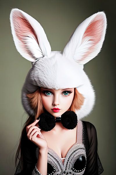 Une femme portant un chapeau de lapin et un nœud papillon noir par Laly Laura