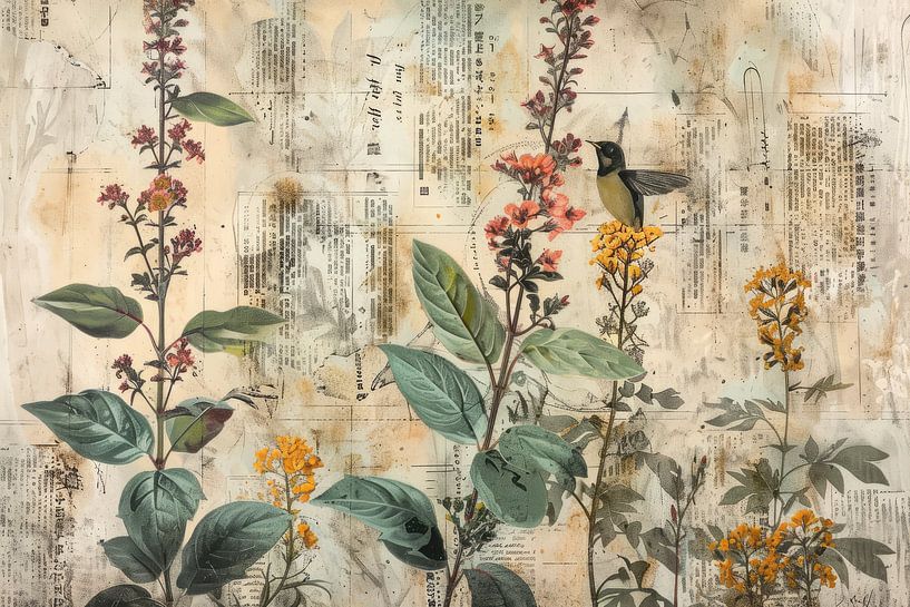 New rural, digital collage of flowers with a bird by Studio Allee