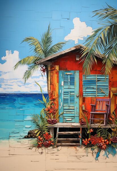 Vue pittoresque d'un chalet en bois sur une plage des Caraïbes par Margriet Hulsker