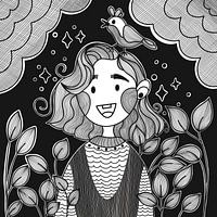 Little girl with short hair and cute bird