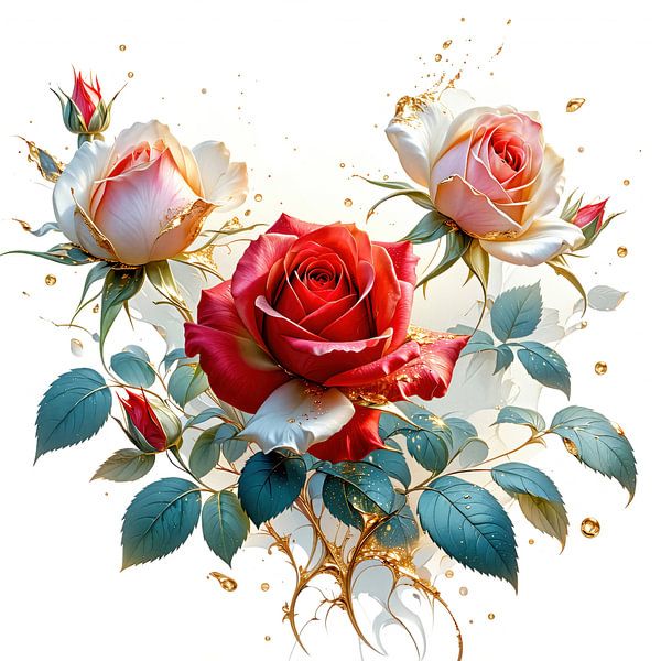 Majestätische Rosen in ihrer Blütenpracht im goldenen Glanz – Ein poetisches Spiel aus Farbe, Licht und fließender Eleganz (1 von 3) von AidasignArt