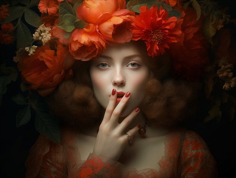 Élégance sereine : une nymphe des bois rêveuse dans une splendeur florale par Glitzy Fusion Frames