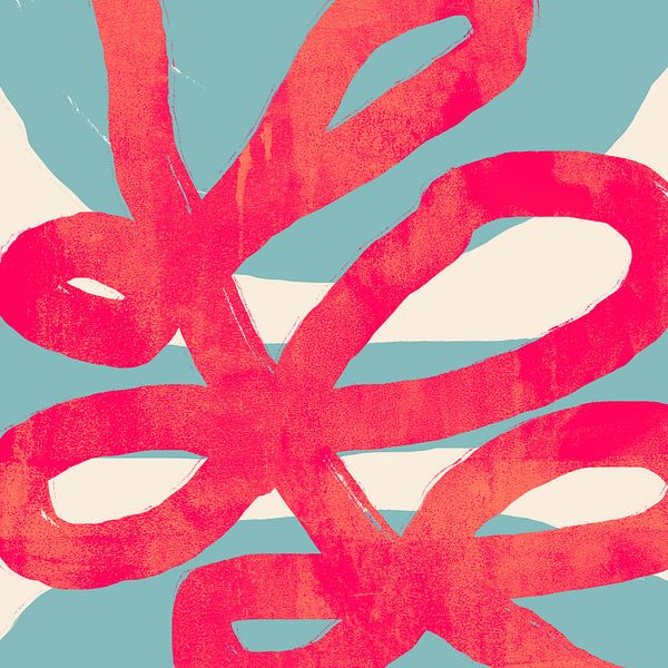 Formes florales rouges sur fond blanc et bleu clair. Abstrait moderne et coloré. par Dina Dankers