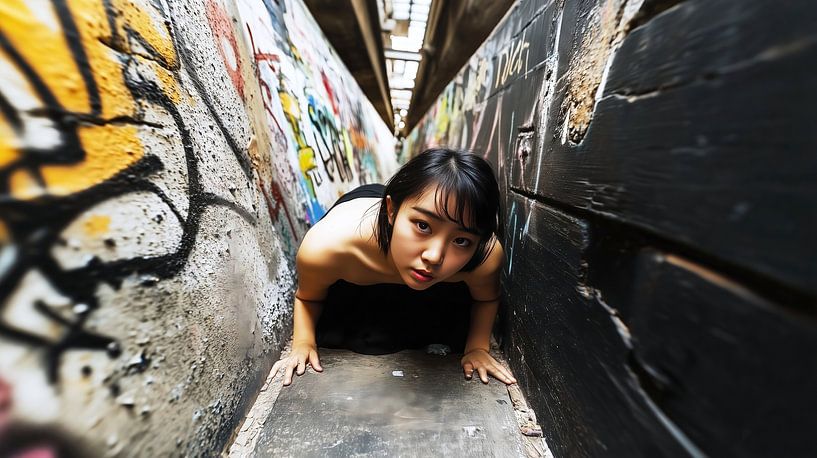 Young woman in narrow alleyways full of graffiti by Frank Heinz