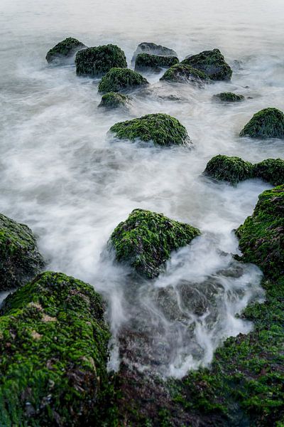 L'eau de mer ondule contre les roches basaltiques le long de la côte zélandaise par Fotografiecor .nl