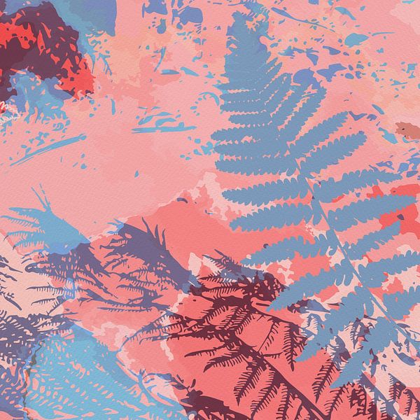 Abstrait botanique en rose pastel, rouge et bleu. Feuilles de fougère. par Dina Dankers