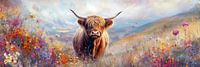 A Scottish Highlander in a sea of wildflowers