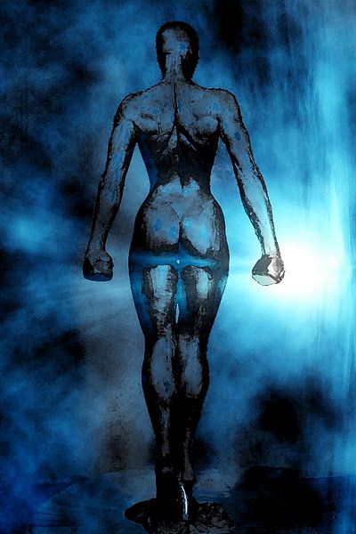 Blue fantasy work of a woman full of inner strength. Resurrection by Cor Heijnen