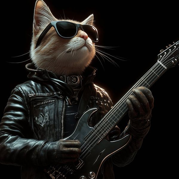 Orange Katze Rockstar mit Gitarre Porträt von TheXclusive Art