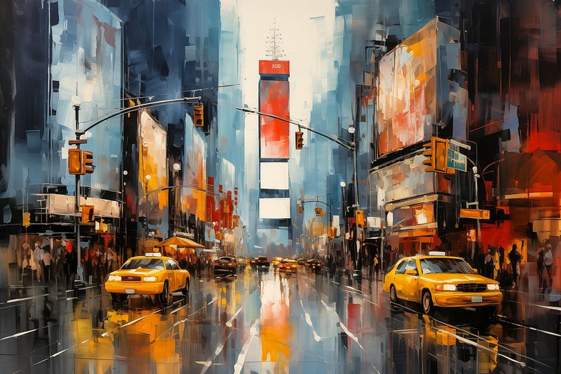 yellow taxi on the street in the big city, abstract art by Animaflora PicsStock