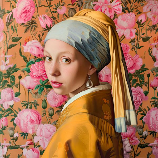 Fille avec une boucle d'oreille en perle et des pivoines par Vlindertuin-Art