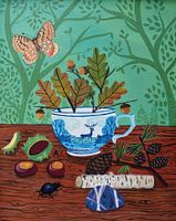 Waldspaziergang mit Delfter Blau Teetasse mit Hirschen und Bäumen