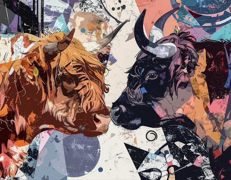 Braune und schwarze Kuh Street Art Stil von Emiel de Lange