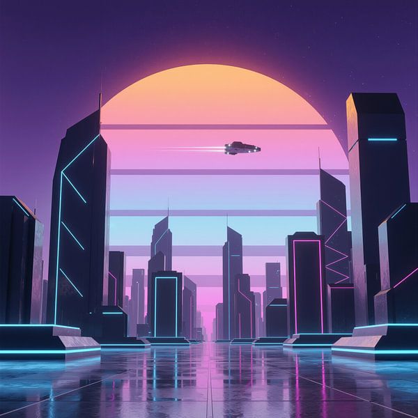 Futuristic Cityscape with Flying Vehicle, Neon Lights, and Sunri by Markus Gann