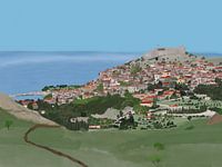 Vue de Molyvos, château, Lesvos, Grèce, île, mer Méditerranée.