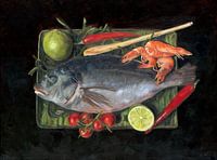 Dorade de poisson avec crevettes, piment et citron vert dans une peinture à l'huile