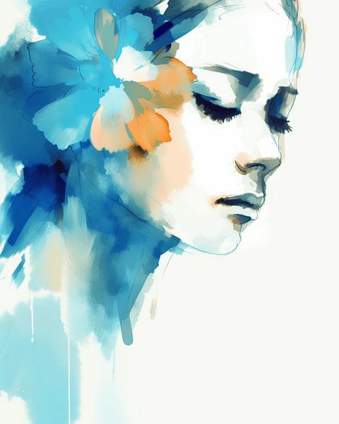 Portrait moderne d'une jeune femme en bleu par Carla Van Iersel