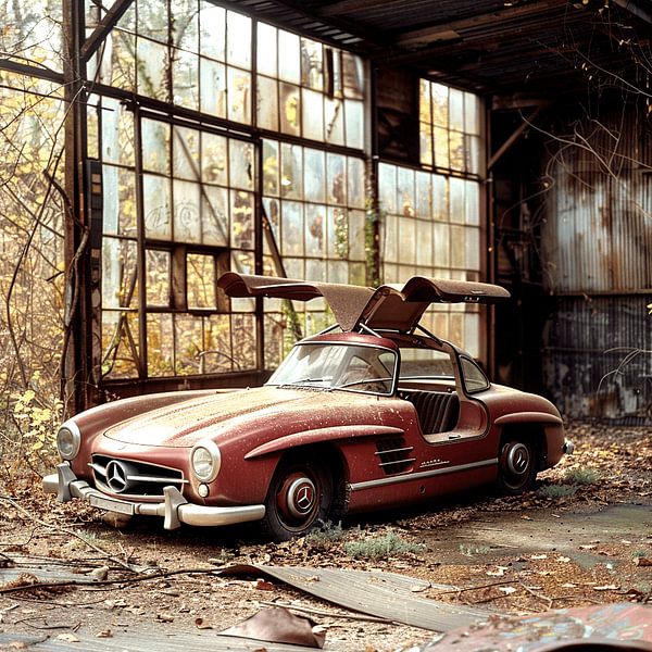 Lost Place Mercedes 300 SL Gullwing doors red Hall Garage by gm_designs