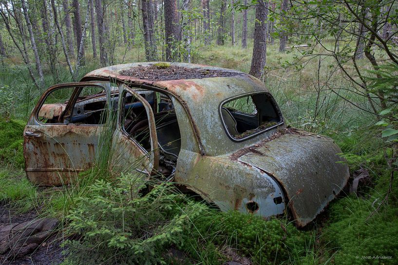 Autofriedhof im Wald in Ryd, Schweden von Joost Adriaanse