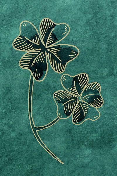 Happiness with a golden edge (watercolor painting green clover four 4 flowers plant) by Natalie Bruns