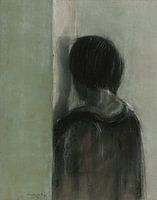 Portrait of a woman hiding.  Hand-drawn.