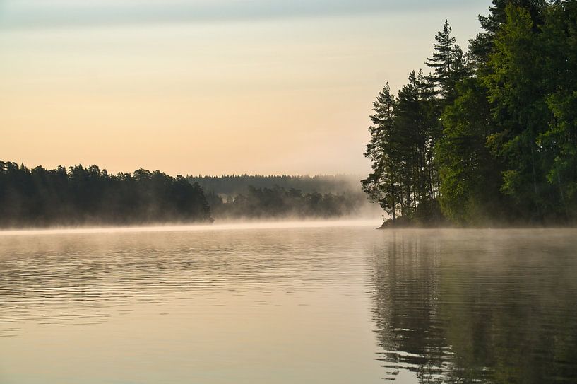 Sonnenaufgang mit Nebelbildung über einem See in Schweden, in der Morgendämmerung von Martin Köbsch