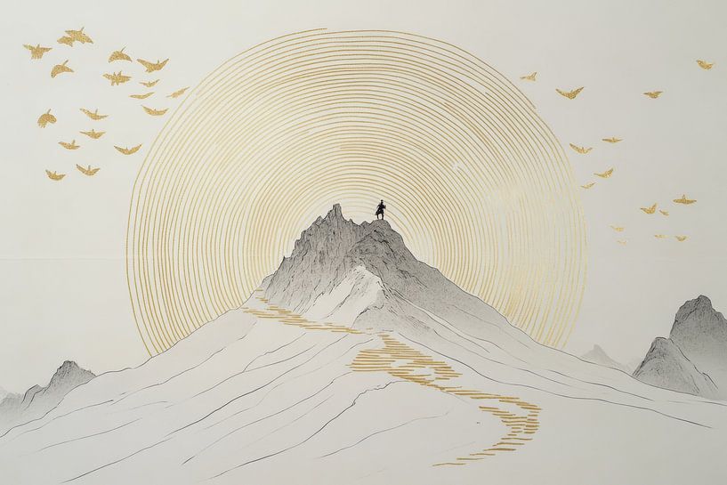 Subtle lines and golden details in Chinese mountain art by Digitale Schilderijen