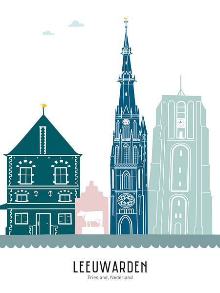 Illustration de la ville de Leeuwarden en couleur par Mevrouw Emmer