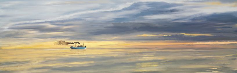 Vieux navire de charge à la vapeur sur l'horizon par Jan Brons