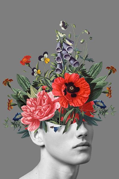 Self-portrait with flowers 5 (grey standing) by toon joosen