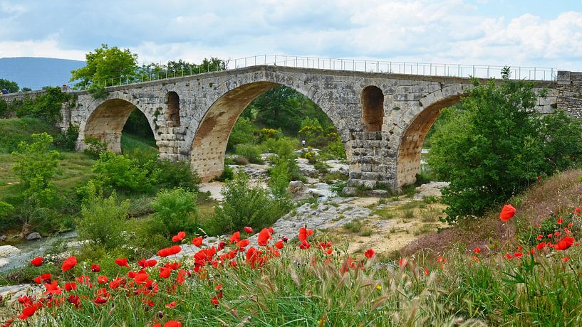 Steinerne römische Bogenbrücke Pont Julien über den Fluss Calavon bei Apt (Frankreich) mit einem Moh von Gert Bunt