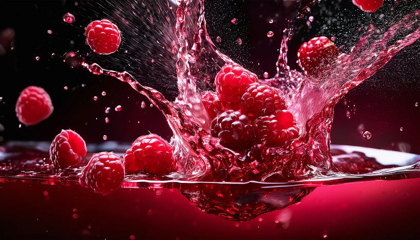 Raspberries in water with drops by Mustafa Kurnaz
