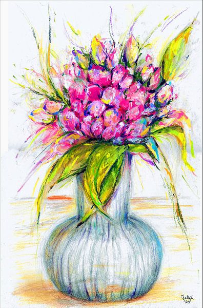 Pink peony in a glass vase. Hand-painted. by Ineke de Rijk
