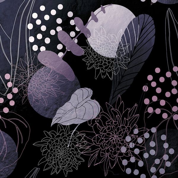 Vibrations botaniques de nuit violettes avec lunes, fleurs et feuilles. Couleurs lilas, bleu, argent par Dina Dankers