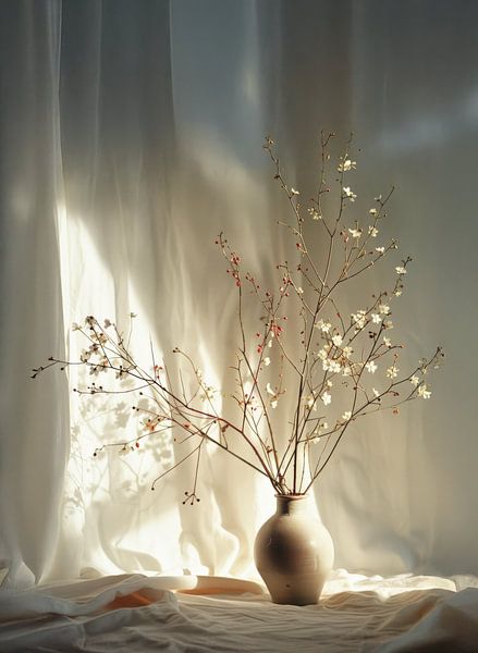 Minimalist Botanical Still Life: Branches in a Sunlit Vase by Kaiori Oldenburg