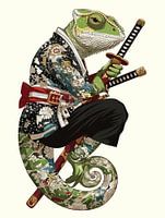 Chamäleon Samurai - Tätowierter Krieger mit Katana-Klingen