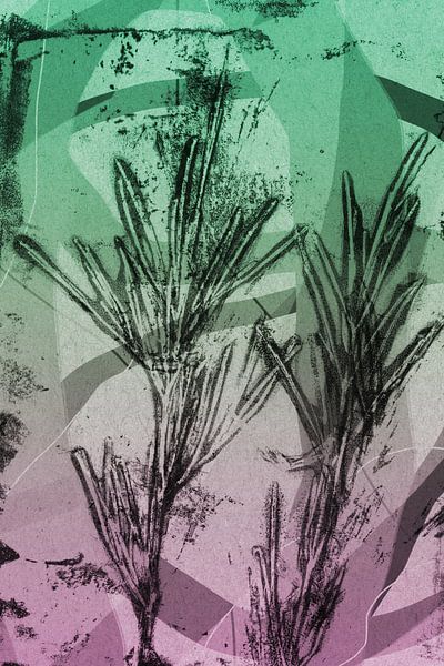Twee takken.  Moderne abstracte botanische geometrische kunst in roze en groen van Dina Dankers
