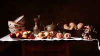 Stillife with bowls, potatoes, apples, roses and onions
