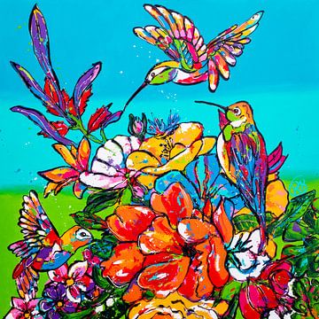 Hummingbirds among flowers by Happy Paintings / Renata Rolefes
